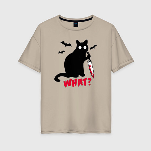 Женская футболка оверсайз What? Кот маньяк / Миндальный – фото 1