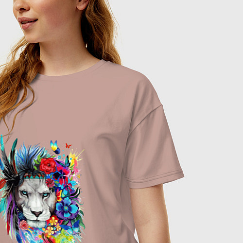 Женская футболка оверсайз Лев в цветах и перьях / Пыльно-розовый – фото 3