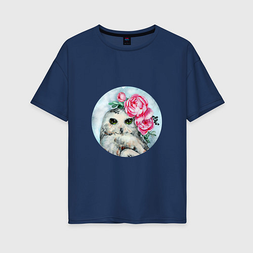 Женская футболка оверсайз Полярная сова с цветами Акварель / Тёмно-синий – фото 1