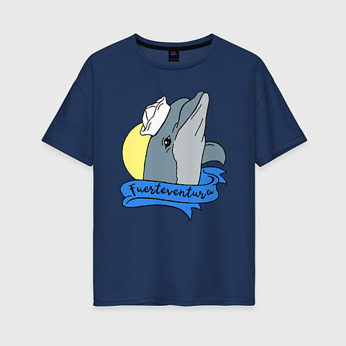 Женская футболка оверсайз Дельфин на фоне солнца / Тёмно-синий – фото 1