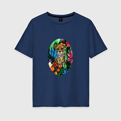 Женская футболка оверсайз Гепард в сад с тропическими цветами