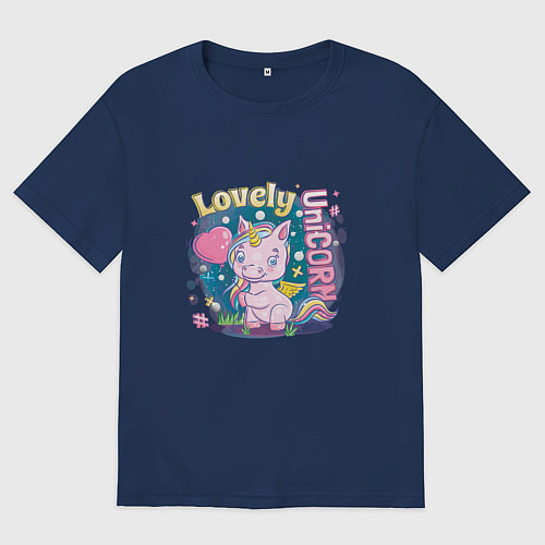 Женская футболка оверсайз Любимый единорог / Тёмно-синий – фото 1