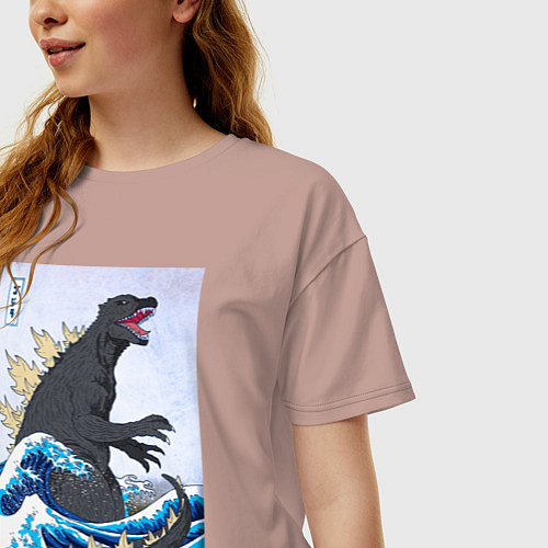 Женская футболка оверсайз Godzilla in The Waves Eastern / Пыльно-розовый – фото 3