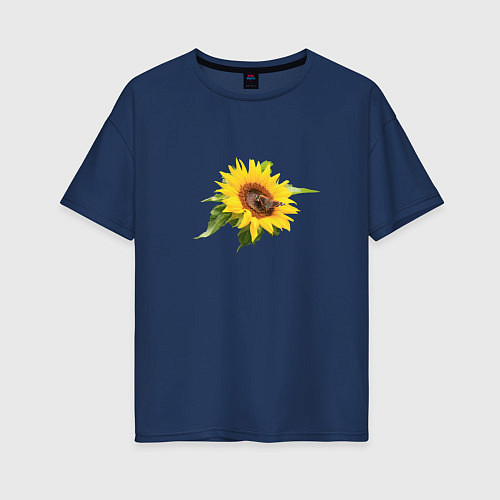 Женская футболка оверсайз Бабочка на цветке подсолнуха / Тёмно-синий – фото 1