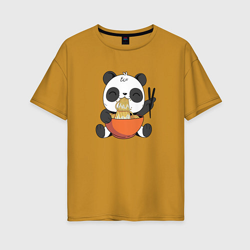 Женская футболка оверсайз Cute Panda Eating Ramen / Горчичный – фото 1