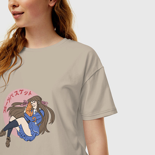 Женская футболка оверсайз Тору обнимает кота / Миндальный – фото 3