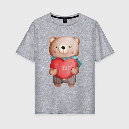 Женская футболка оверсайз Мишка с сердечком Валентинка / Меланж – фото 1
