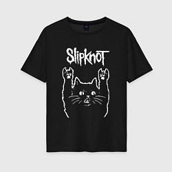 Футболка оверсайз женская Slipknot, Слипкнот Рок кот, цвет: черный