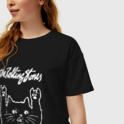 Футболка оверсайз женская Роллинг Стоунз, Rolling Stones Рок кот, цвет: черный — фото 2