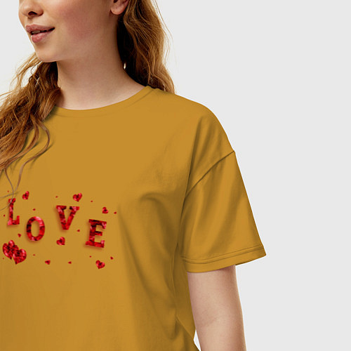 Женская футболка оверсайз Рубиновая Надпись Любовь Love / Горчичный – фото 3