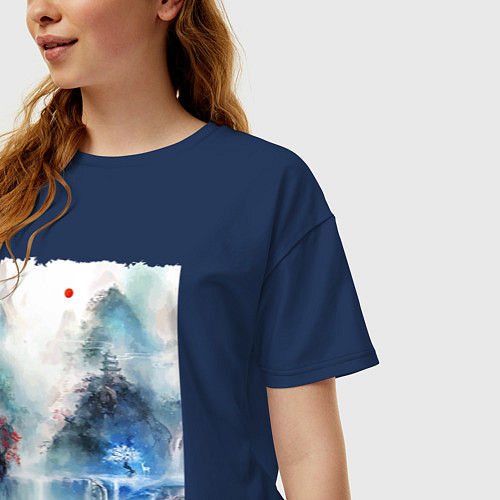 Женская футболка оверсайз Изумительный японский пейзаж / Тёмно-синий – фото 3