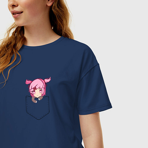 Женская футболка оверсайз Anime тян с розовыми волосами в кармане / Тёмно-синий – фото 3