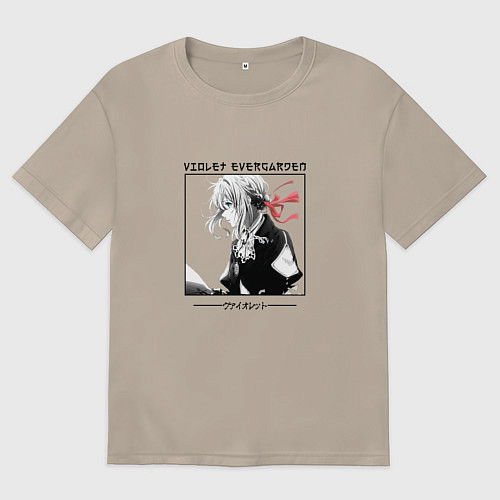 Женская футболка оверсайз Вайолет Эвергарден в квадрате с иероглифами / Миндальный – фото 1