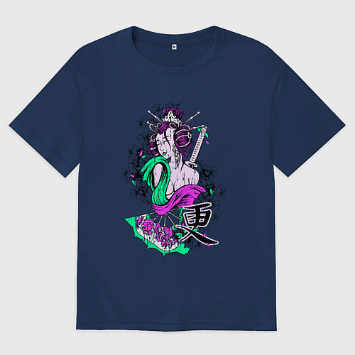 Женская футболка оверсайз Гейша с мечом / Тёмно-синий – фото 1