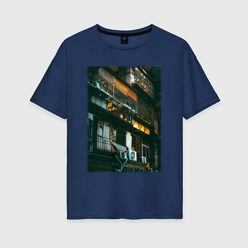 Женская футболка оверсайз Многоэтажка В Японии / Тёмно-синий – фото 1