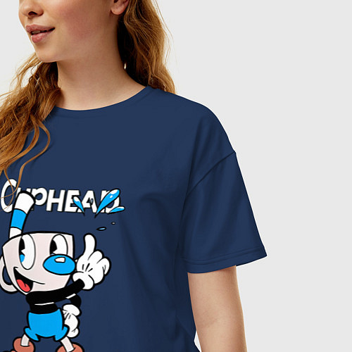 Женская футболка оверсайз Синяя чашка Cuphead / Тёмно-синий – фото 3