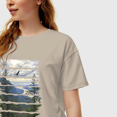 Женская футболка оверсайз Горы, небо и птицы / Миндальный – фото 3