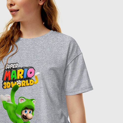 Женская футболка оверсайз Luigi cat Super Mario 3D World Nintendo / Меланж – фото 3