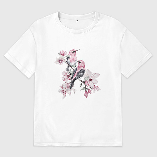 Женская футболка оверсайз Розовые птицы и цветы магнолии / Белый – фото 1