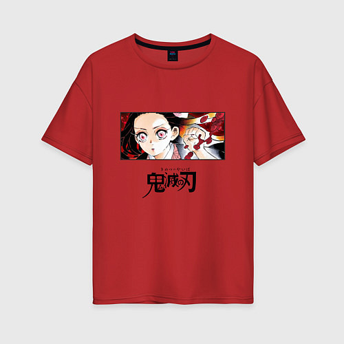 Женская футболка оверсайз Клинок, рассекающий демонов Незуко Камадо лого / Красный – фото 1