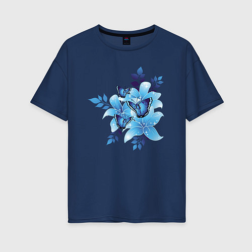 Женская футболка оверсайз Синие цветы blue flowers / Тёмно-синий – фото 1