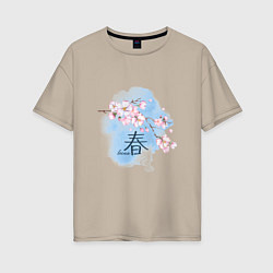 Женская футболка оверсайз Японский иероглиф весна сакура