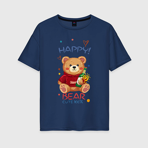 Женская футболка оверсайз СЧАСТЛИВЫЙ МИШКА HAPPY BEAR CUTE 100% / Тёмно-синий – фото 1