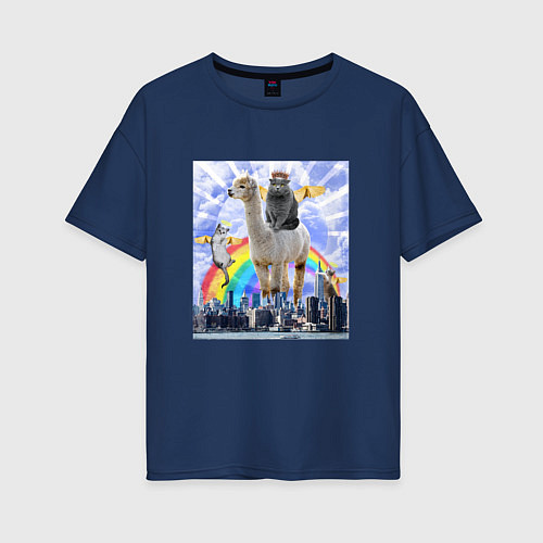 Женская футболка оверсайз Коллаж Коты Ангелы с Ламой Angel Cats with Lama / Тёмно-синий – фото 1