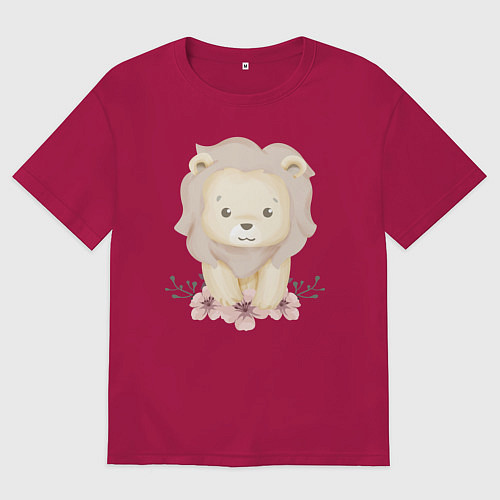 Женская футболка оверсайз Милый Львёнок С Цветами / Маджента – фото 1
