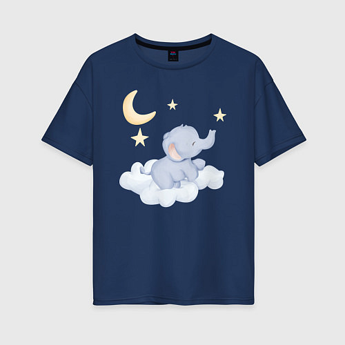 Женская футболка оверсайз Милый Слонёнок На Облаке / Тёмно-синий – фото 1