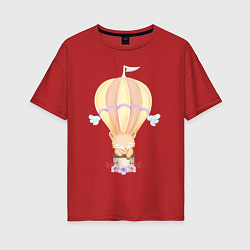 Женская футболка оверсайз Милый Лисёнок Летит На Воздушном Шаре С Цветами