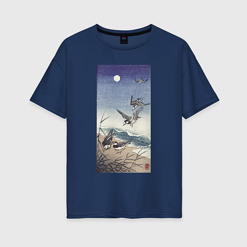 Женская футболка оверсайз Birds at Full Moon Ласточки под луной / Тёмно-синий – фото 1