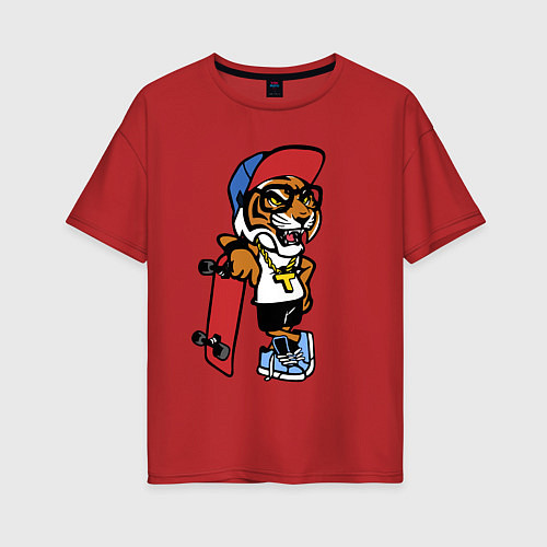 Женская футболка оверсайз Tiger Cool dude Skateboarding Extreme Тигр Крутой / Красный – фото 1