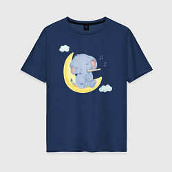 Женская футболка оверсайз Милый Слонёнок Сидит На Месяце Играя На Флейте