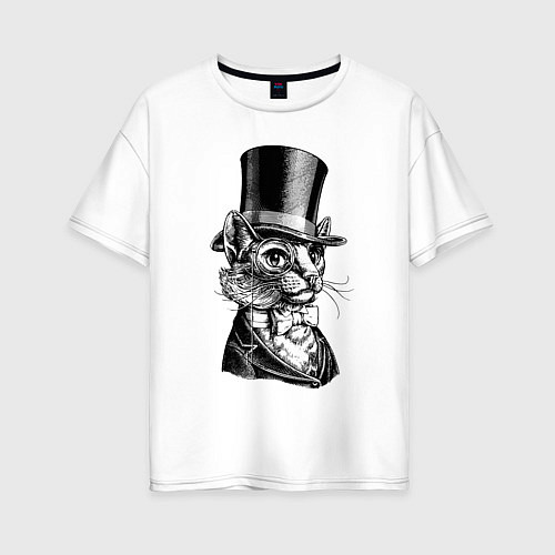 Женская футболка оверсайз Кот - английский джентльмен в колпаке The cat is a / Белый – фото 1