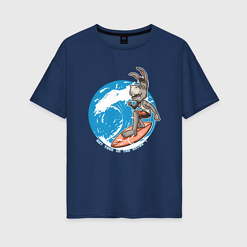 Женская футболка оверсайз Ослик на доске серфинг / Тёмно-синий – фото 1