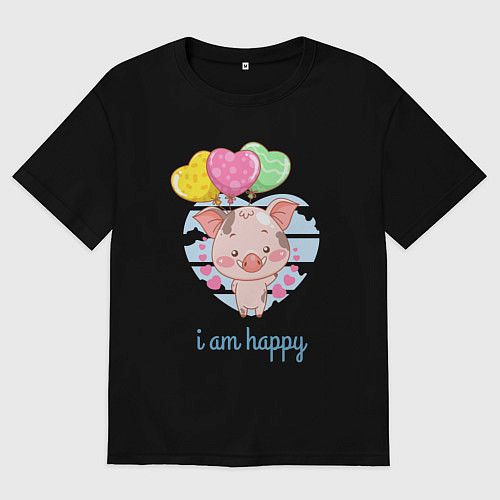 Женская футболка оверсайз Iam happy поросенок / Черный – фото 1