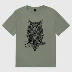 Футболка оверсайз женская Черная сова в узорах, цвет: авокадо