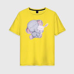 Женская футболка оверсайз Милый Слонёнок и Крольчонок Обнимаются