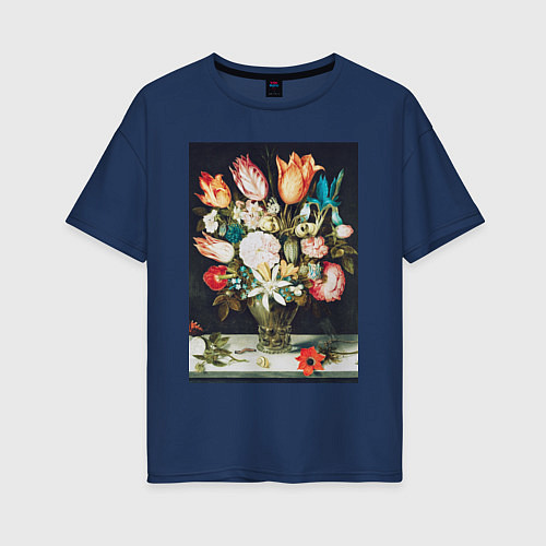 Женская футболка оверсайз Flowers in a Glass Букет цветов / Тёмно-синий – фото 1