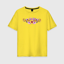 Женская футболка оверсайз Цветы Разноцветные Гибискус и Ирисы