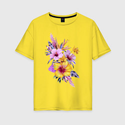 Женская футболка оверсайз Цветы Разноцветные Гибискусы