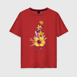 Женская футболка оверсайз Цветы Оранжевые Ирисы и Гибискус