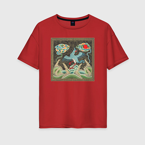 Женская футболка оверсайз Chinese Pattern Птичий орнамент / Красный – фото 1