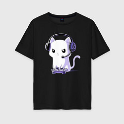 Футболка оверсайз женская Котёнок игроман The kitten is a gambler, цвет: черный