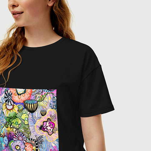 Женская футболка оверсайз Абстрактные акварельные разноцветные растения / Черный – фото 3