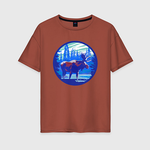 Женская футболка оверсайз Лось в лесу Blue / Кирпичный – фото 1