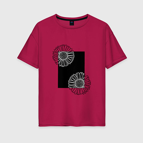 Женская футболка оверсайз Ромашки с черным прямоугольником / Маджента – фото 1