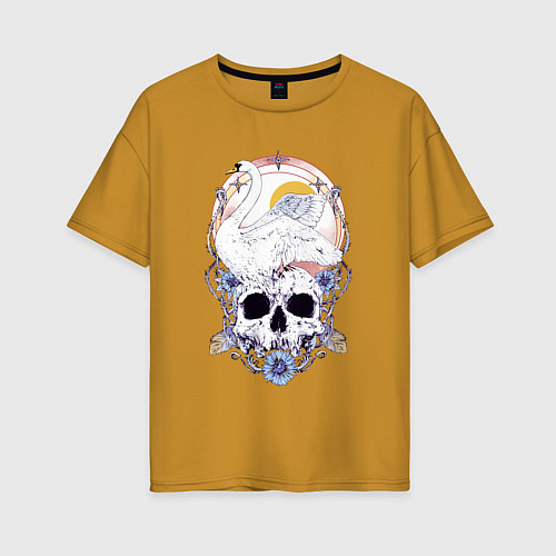 Женская футболка оверсайз Лебедь солнце цветы и череп Герб / Горчичный – фото 1