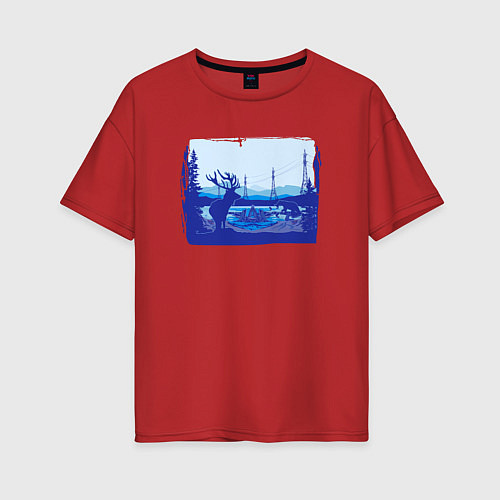 Женская футболка оверсайз Лось на фоне города / Красный – фото 1